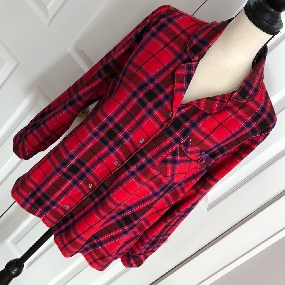 Victoria's Secret Plaid Flannel Pajama Top Metallic Lurex Red Purple Size M - Picture 5 of 15